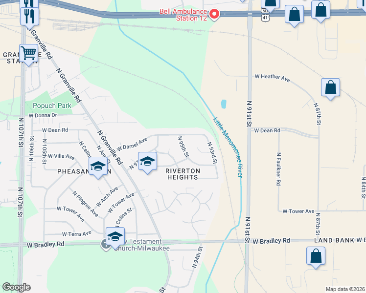 map of restaurants, bars, coffee shops, grocery stores, and more near 8309 North 95th Street in Milwaukee