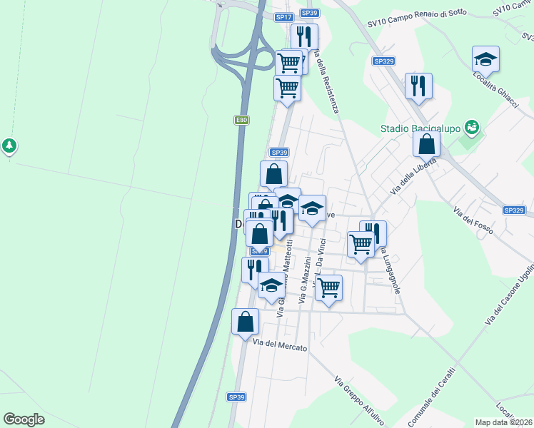 map of restaurants, bars, coffee shops, grocery stores, and more near 1 Piazza della Stazione in Donoratico