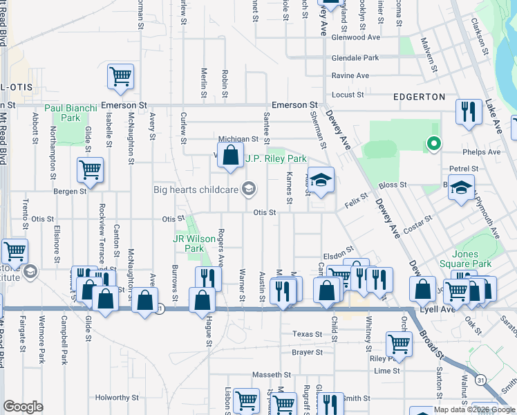 map of restaurants, bars, coffee shops, grocery stores, and more near 64 Austin Street in Rochester