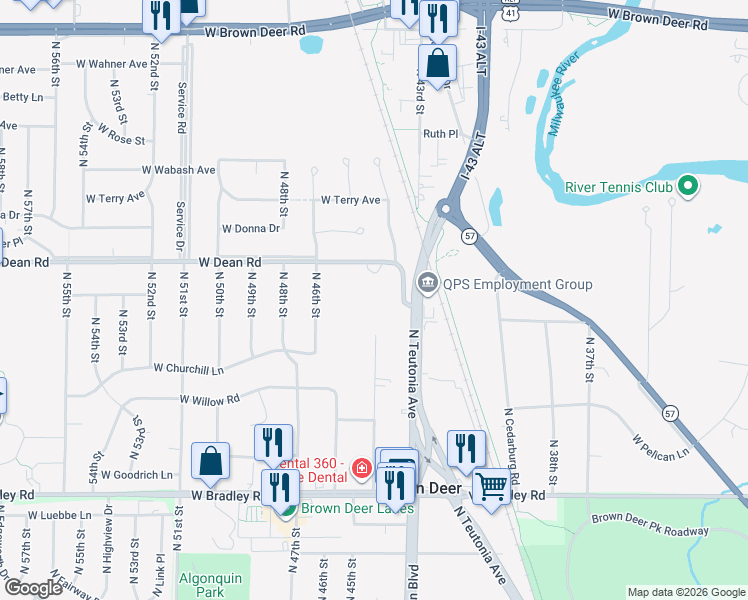 map of restaurants, bars, coffee shops, grocery stores, and more near 4475 West Dean Road in Milwaukee