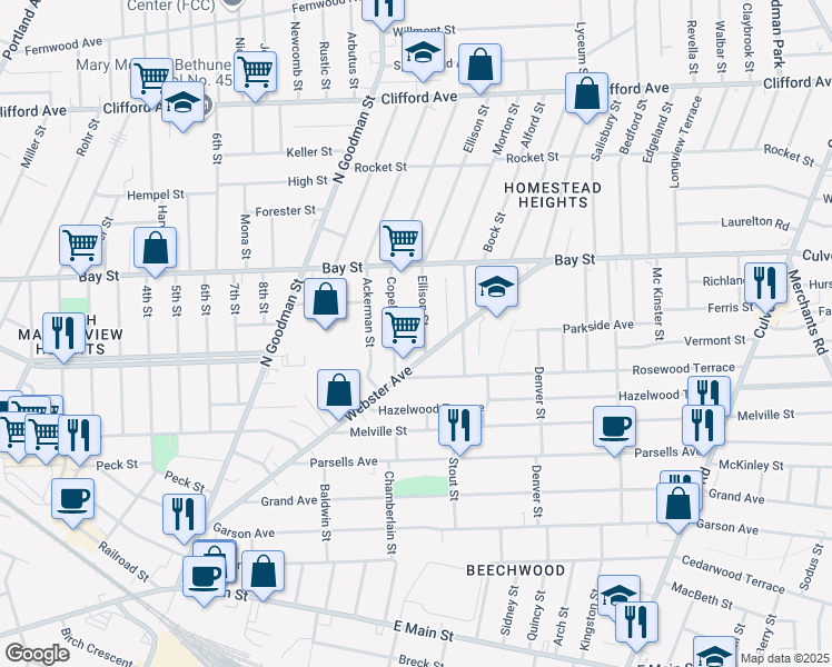 map of restaurants, bars, coffee shops, grocery stores, and more near 31 Ellison Street in Rochester