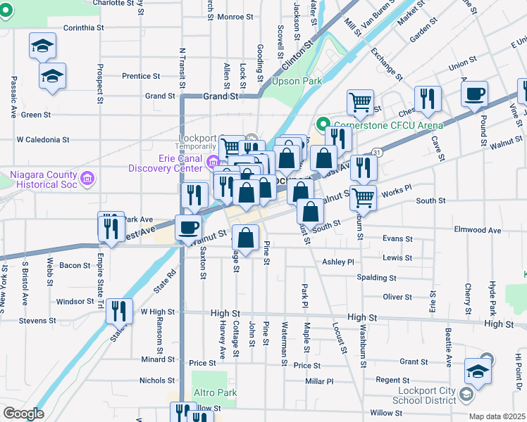 map of restaurants, bars, coffee shops, grocery stores, and more near 74 Pine Street in Lockport