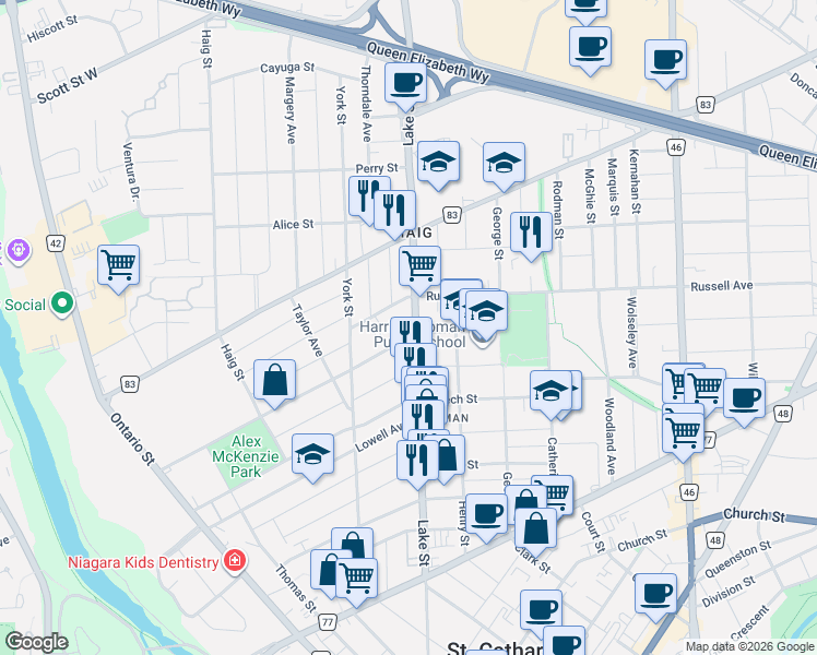 map of restaurants, bars, coffee shops, grocery stores, and more near 173 Lake Street in St. Catharines