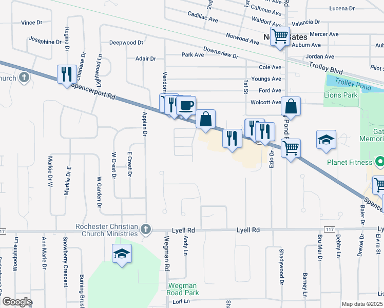 map of restaurants, bars, coffee shops, grocery stores, and more near 317 Gates Manor Drive in Rochester