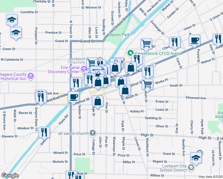 map of restaurants, bars, coffee shops, grocery stores, and more near 66 Main Street in Lockport