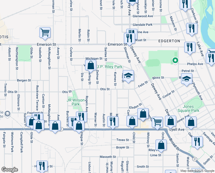 map of restaurants, bars, coffee shops, grocery stores, and more near 47 Santee Street in Rochester