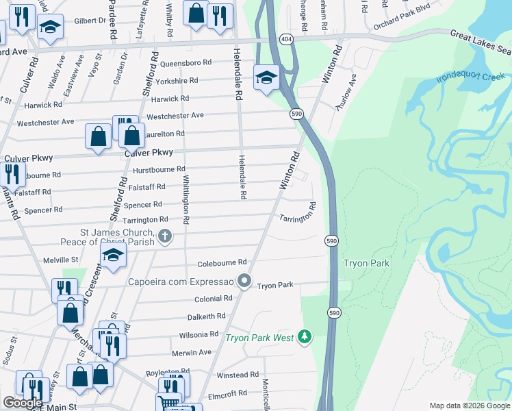 map of restaurants, bars, coffee shops, grocery stores, and more near 541 Falstaff Road in Rochester