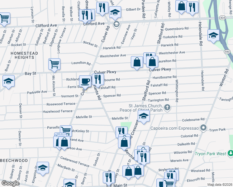 map of restaurants, bars, coffee shops, grocery stores, and more near 116 Falstaff Road in Rochester