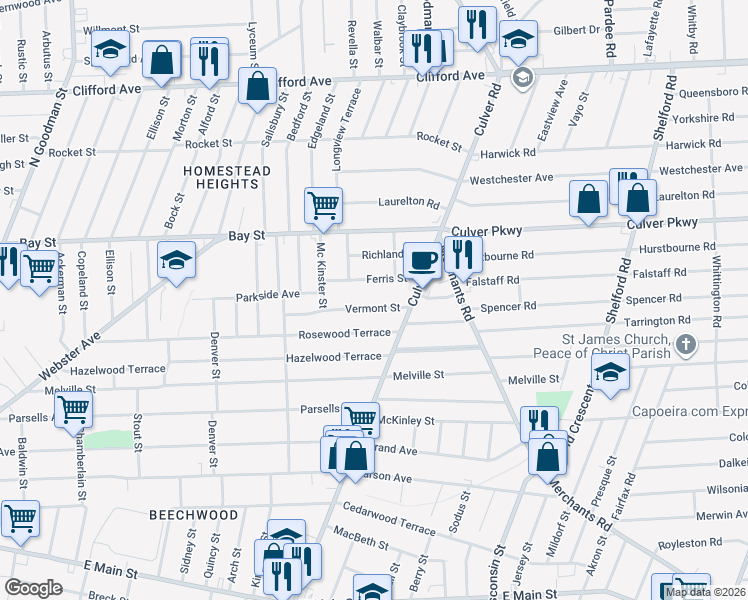 map of restaurants, bars, coffee shops, grocery stores, and more near 92 Ferris Street in Rochester