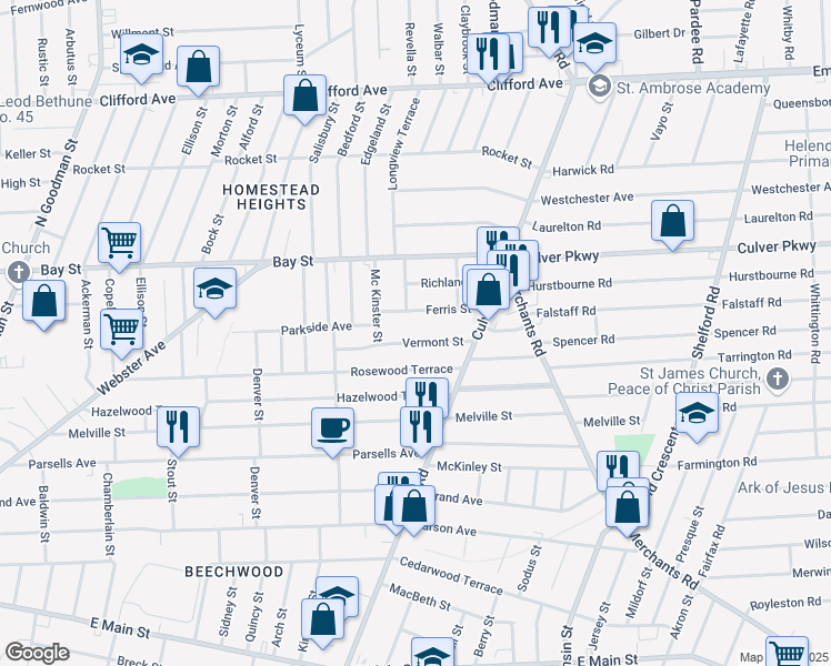 map of restaurants, bars, coffee shops, grocery stores, and more near 92 Ferris Street in Rochester