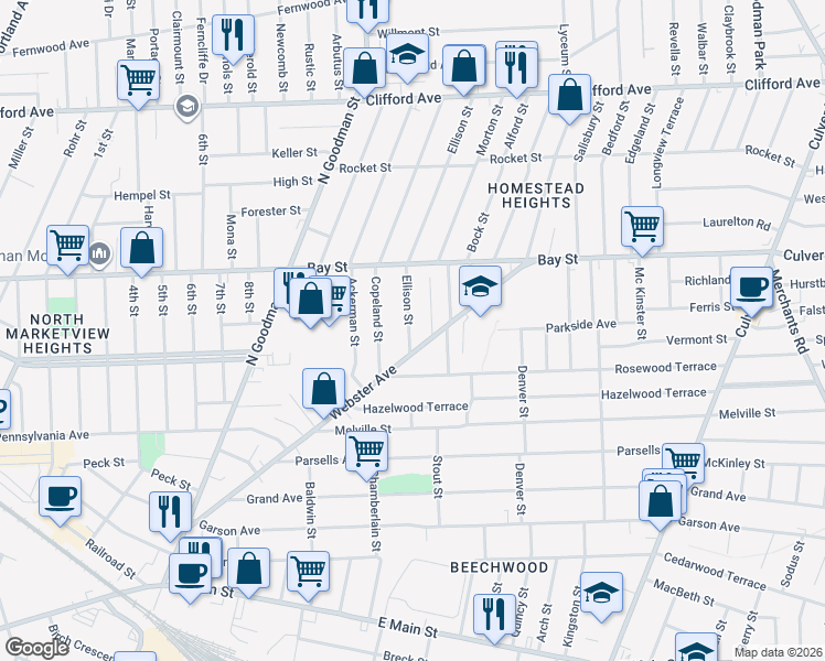 map of restaurants, bars, coffee shops, grocery stores, and more near 66 Ellison Street in Rochester