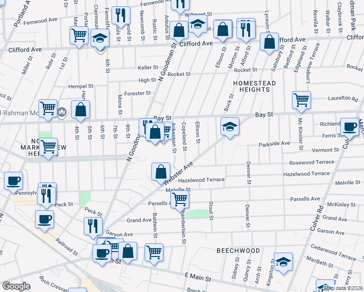 map of restaurants, bars, coffee shops, grocery stores, and more near 97 Copeland Street in Rochester