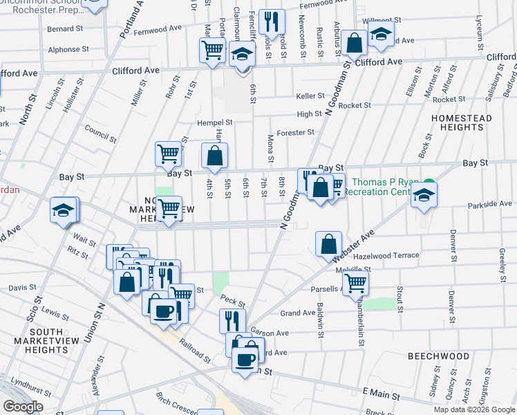 map of restaurants, bars, coffee shops, grocery stores, and more near 129 7th Street in Rochester