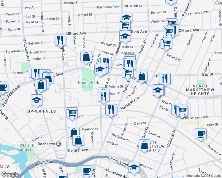 map of restaurants, bars, coffee shops, grocery stores, and more near 334 Hudson Avenue in Rochester