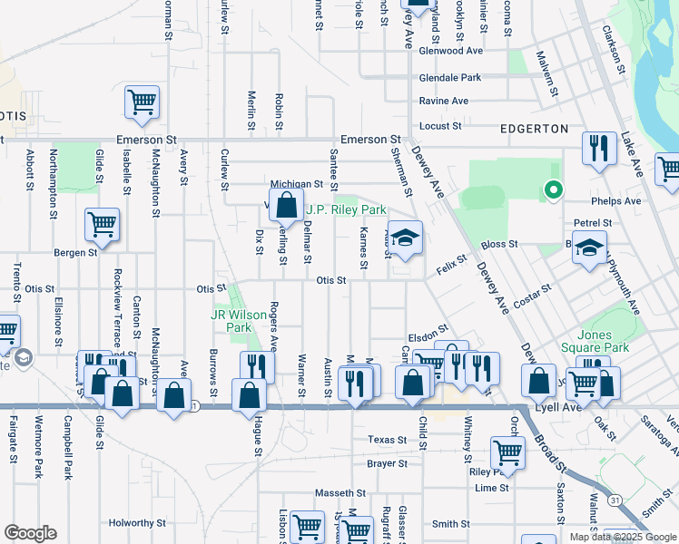map of restaurants, bars, coffee shops, grocery stores, and more near 47 Santee Street in Rochester