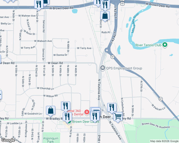 map of restaurants, bars, coffee shops, grocery stores, and more near 4475 West Dean Road in Brown Deer