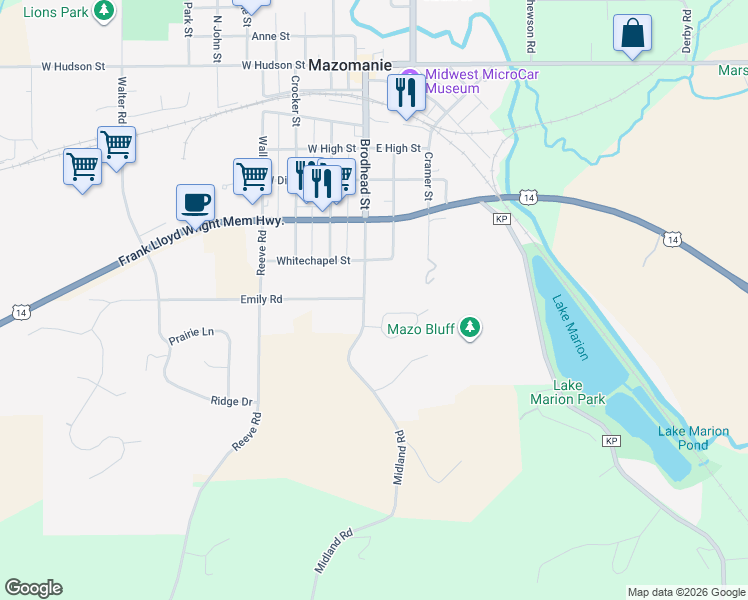 map of restaurants, bars, coffee shops, grocery stores, and more near 622 Brodhead Street in Mazomanie