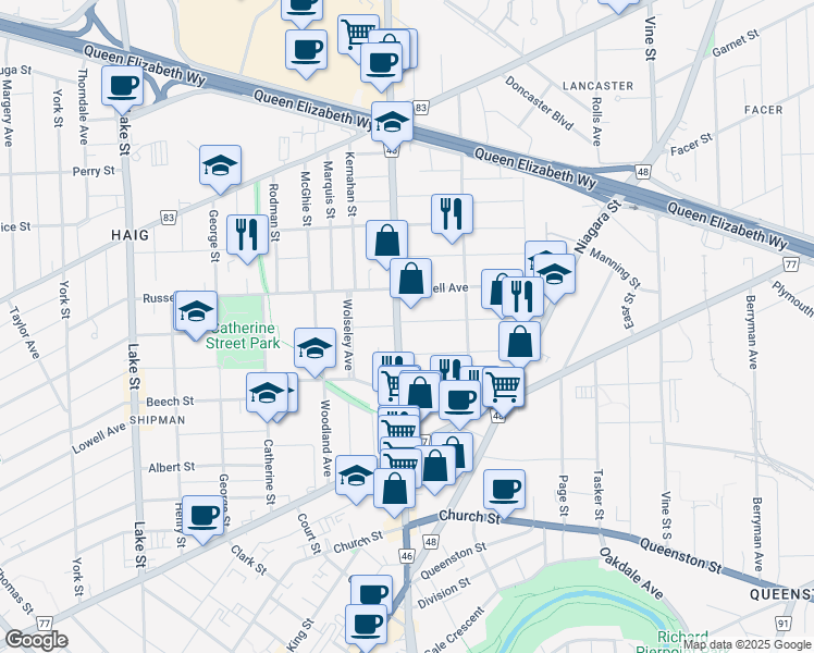 map of restaurants, bars, coffee shops, grocery stores, and more near 158 Geneva Street in St. Catharines