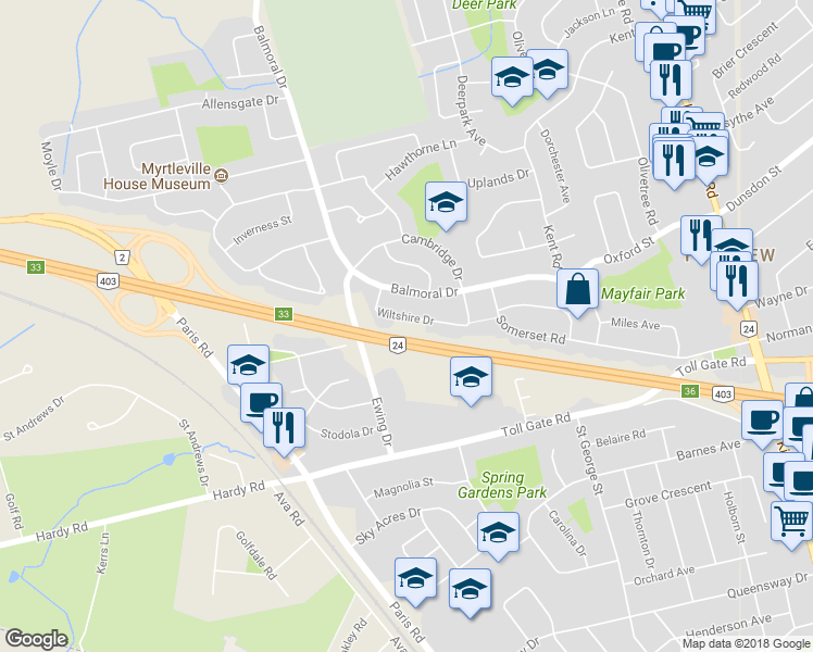 map of restaurants, bars, coffee shops, grocery stores, and more near 25 Wiltshire Drive in Brantford