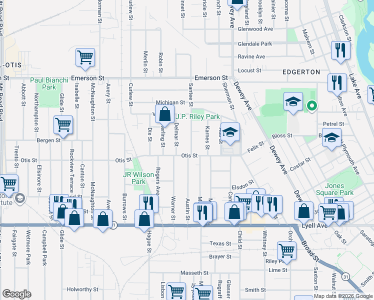 map of restaurants, bars, coffee shops, grocery stores, and more near 38 Santee Street in Rochester