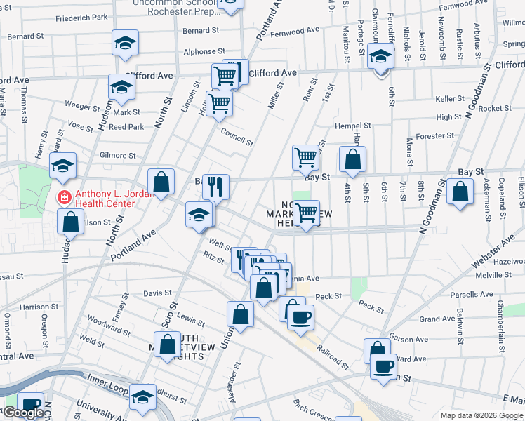 map of restaurants, bars, coffee shops, grocery stores, and more near 209 Hebard Street in Rochester