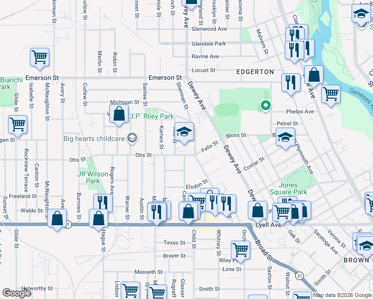 map of restaurants, bars, coffee shops, grocery stores, and more near in Rochester