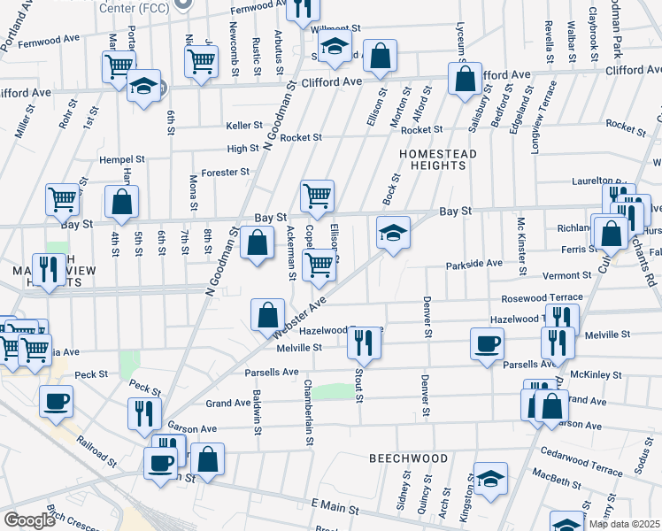 map of restaurants, bars, coffee shops, grocery stores, and more near 35 Ellison Street in Rochester