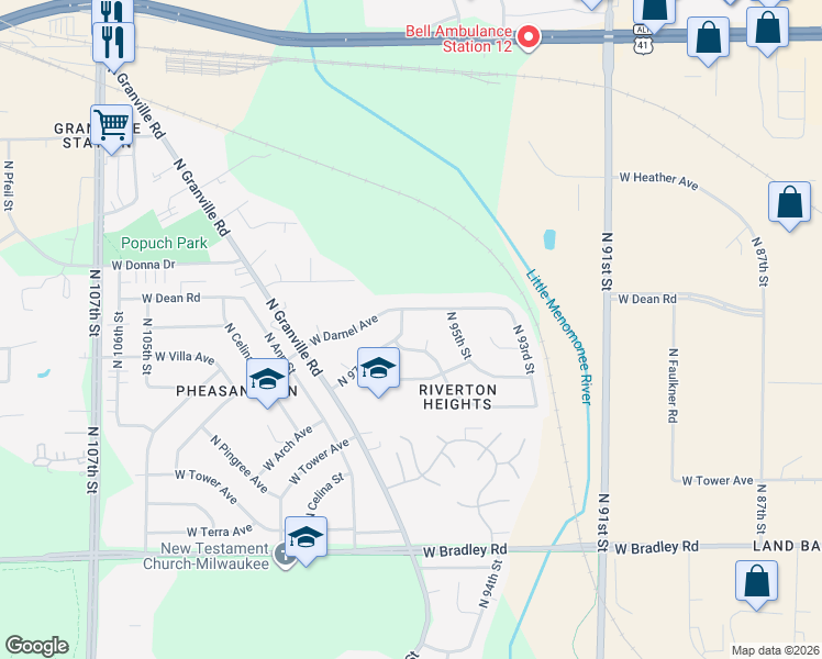 map of restaurants, bars, coffee shops, grocery stores, and more near 9612 West Darnel Avenue in Milwaukee