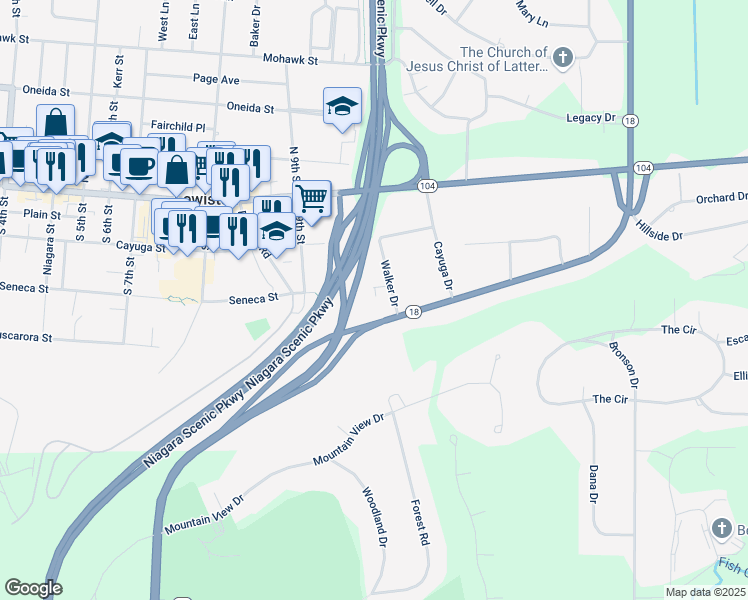 map of restaurants, bars, coffee shops, grocery stores, and more near 930 Seneca Street in Lewiston
