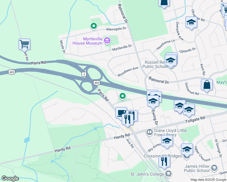 map of restaurants, bars, coffee shops, grocery stores, and more near 14 Pinewood Drive in Brantford