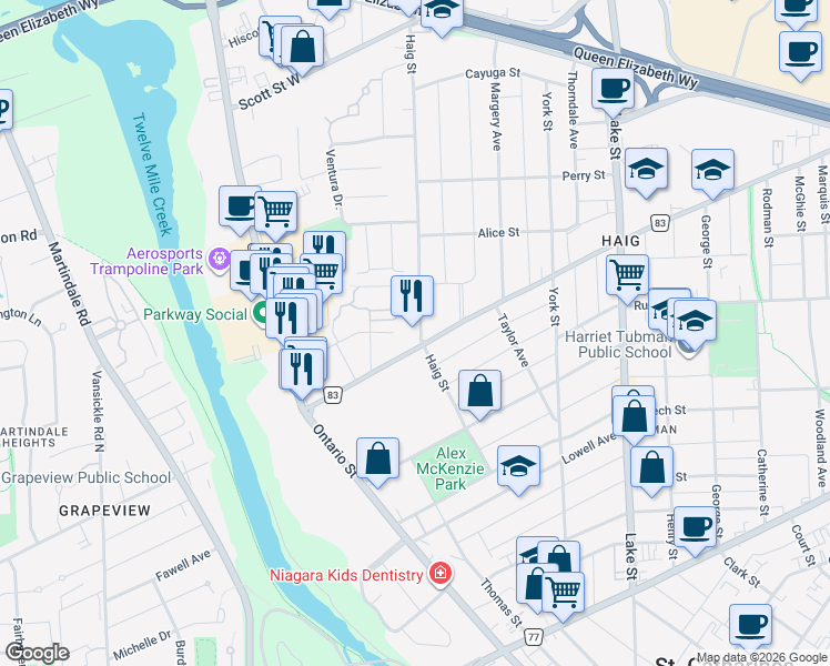 map of restaurants, bars, coffee shops, grocery stores, and more near 9 Haig Street in St. Catharines