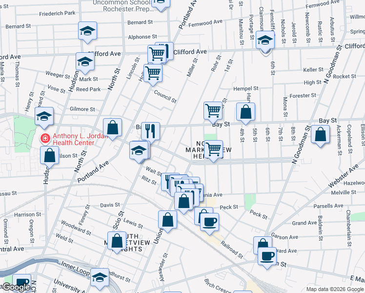 map of restaurants, bars, coffee shops, grocery stores, and more near 209 Hebard Street in Rochester