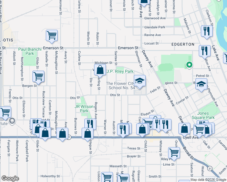 map of restaurants, bars, coffee shops, grocery stores, and more near 38 Santee Street in Rochester