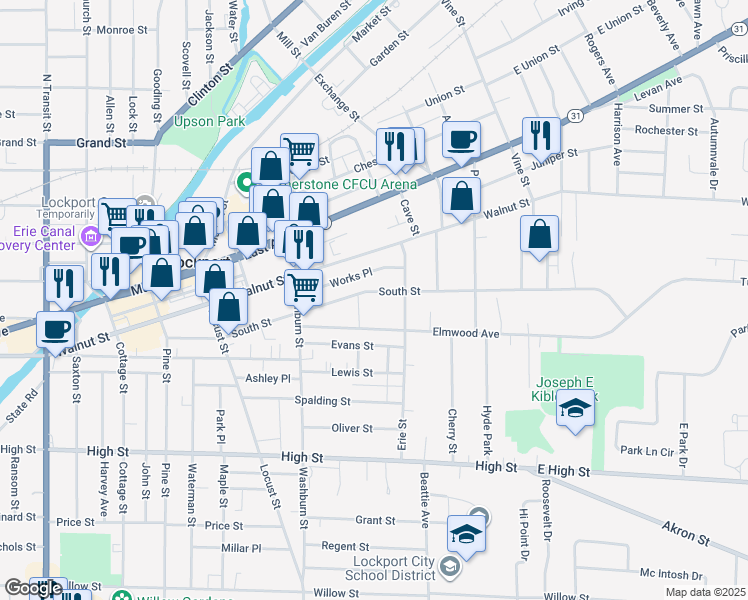 map of restaurants, bars, coffee shops, grocery stores, and more near 250 South Street in Lockport