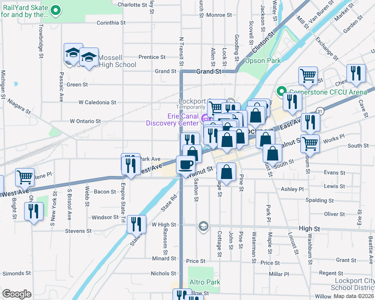 map of restaurants, bars, coffee shops, grocery stores, and more near 43 Niagara Street in Lockport