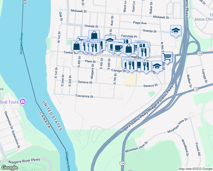 map of restaurants, bars, coffee shops, grocery stores, and more near 610 Seneca Street in Lewiston