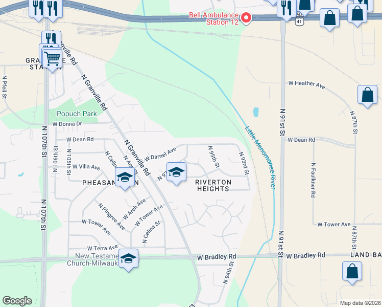map of restaurants, bars, coffee shops, grocery stores, and more near 9612 West Darnel Avenue in Milwaukee