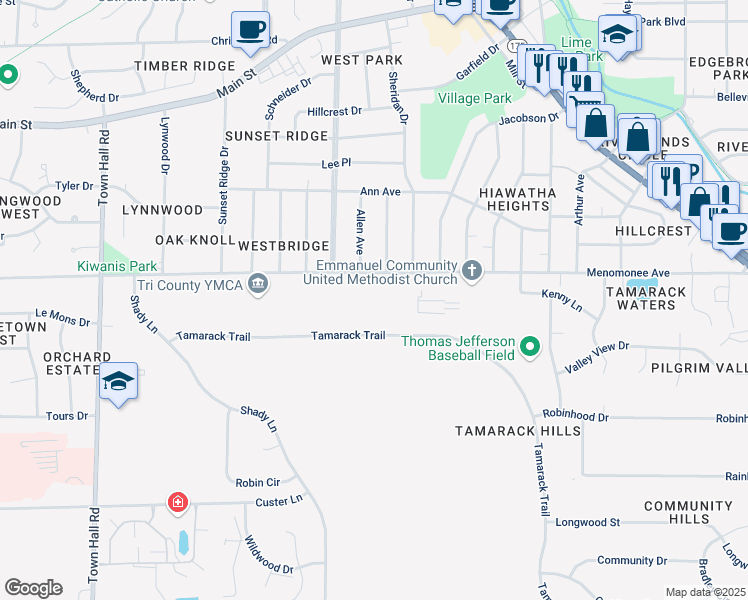 map of restaurants, bars, coffee shops, grocery stores, and more near N84 W17049 Menomonee Avenue in Menomonee Falls