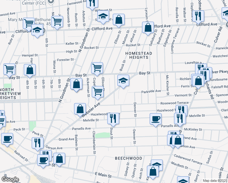 map of restaurants, bars, coffee shops, grocery stores, and more near Webster Ave & Shafer St in Rochester