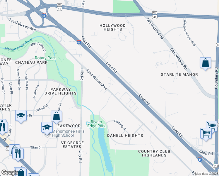 map of restaurants, bars, coffee shops, grocery stores, and more near N83W13606 Fond Du Lac Avenue in Menomonee Falls