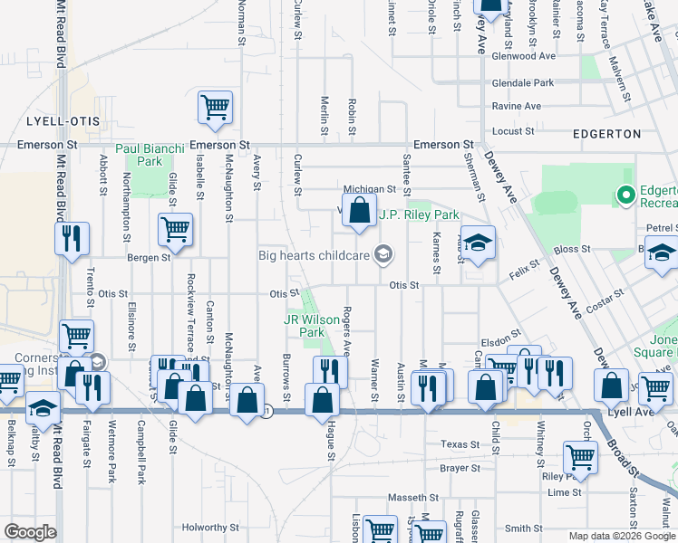 map of restaurants, bars, coffee shops, grocery stores, and more near 49 Sterling Street in Rochester