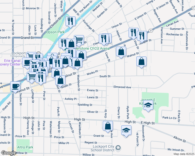 map of restaurants, bars, coffee shops, grocery stores, and more near 237 South Street in Lockport