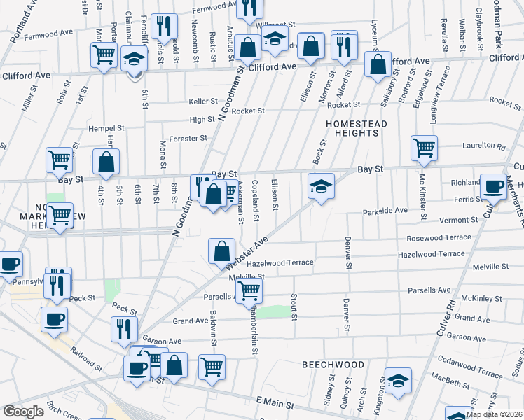 map of restaurants, bars, coffee shops, grocery stores, and more near 97 Copeland Street in Rochester