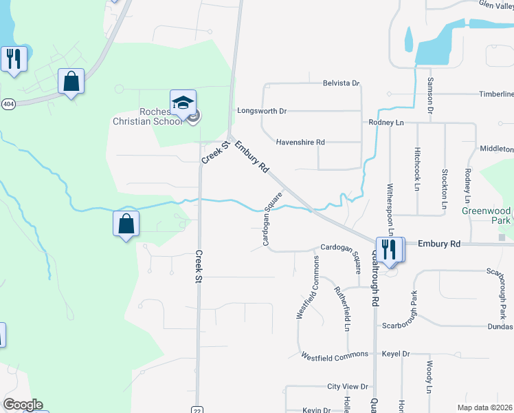 map of restaurants, bars, coffee shops, grocery stores, and more near 61 Cardogan Square in Rochester