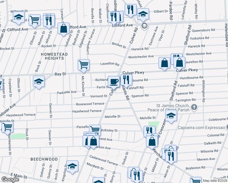 map of restaurants, bars, coffee shops, grocery stores, and more near 1348 Culver Road in Rochester