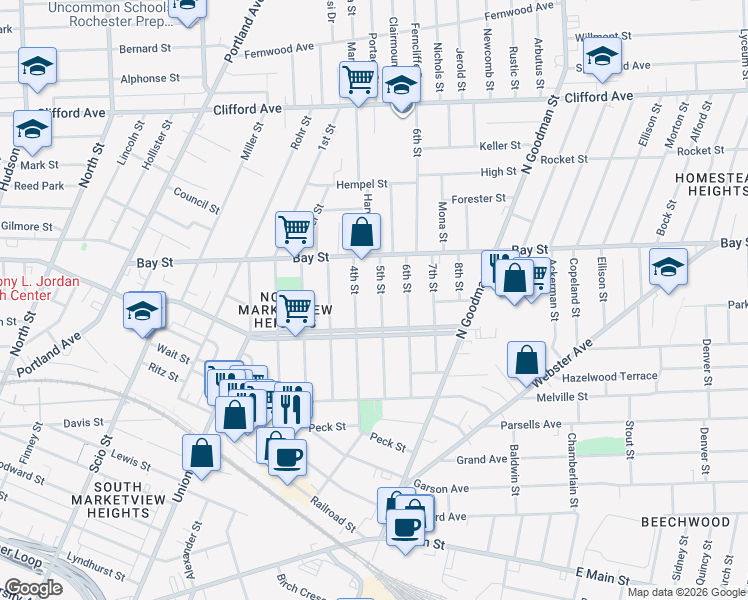 map of restaurants, bars, coffee shops, grocery stores, and more near 346 4th Street in Rochester