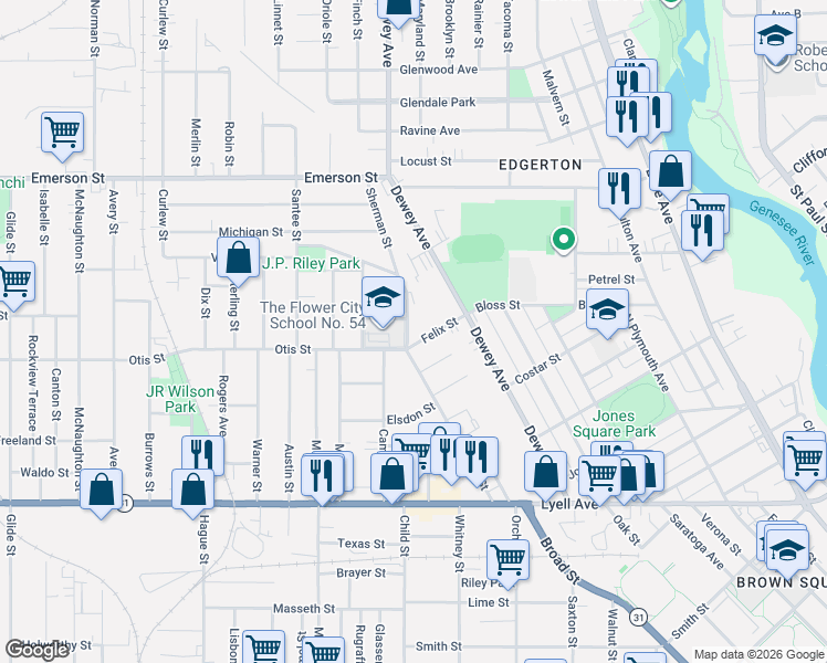 map of restaurants, bars, coffee shops, grocery stores, and more near 292 Sherman Street in Rochester