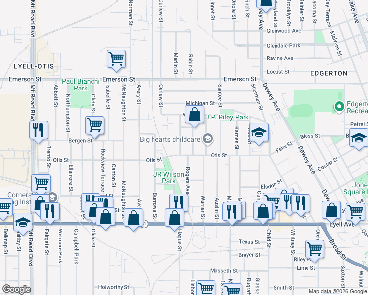 map of restaurants, bars, coffee shops, grocery stores, and more near 49 Sterling Street in Rochester