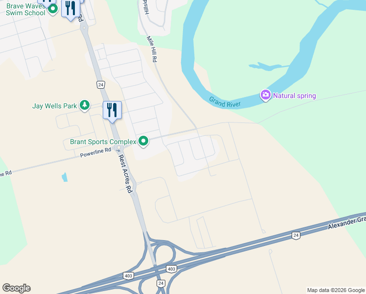 map of restaurants, bars, coffee shops, grocery stores, and more near 266 Mile Hill Road in Brant