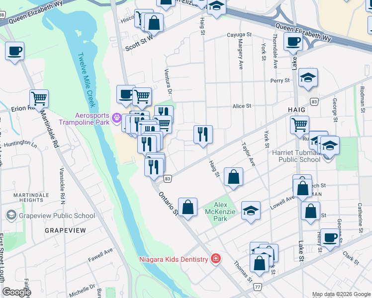 map of restaurants, bars, coffee shops, grocery stores, and more near 45 Manchester Avenue in St. Catharines